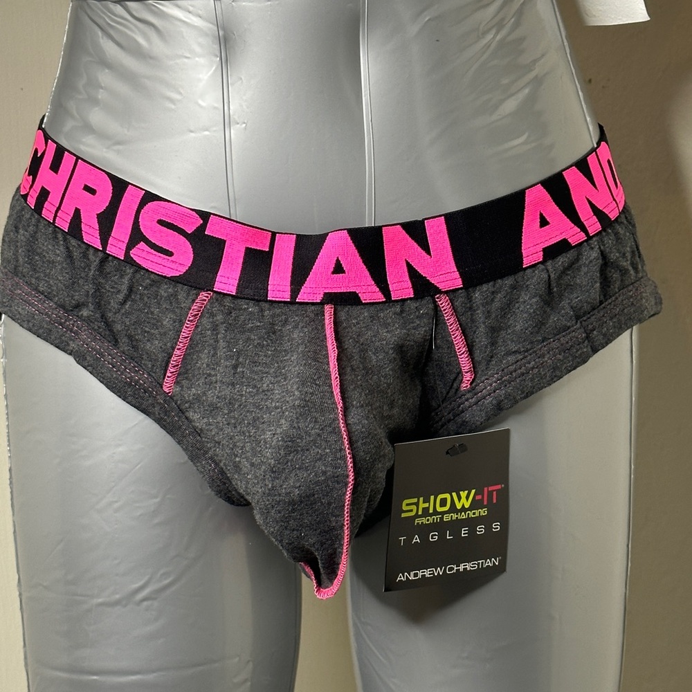 Andrew Christian gray and pink border underwear, size Large
